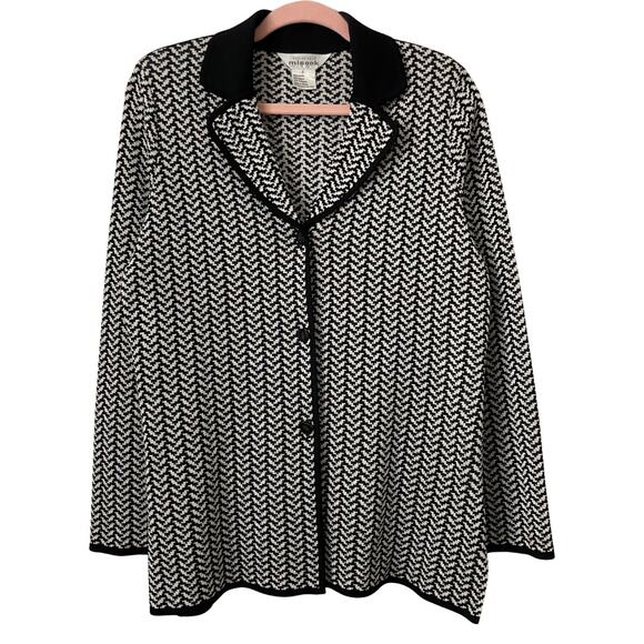 Misook Cardigan Top Womens Small Black Cream Chevron Button Up Long Sleeve Knit - Picture 1 of 12